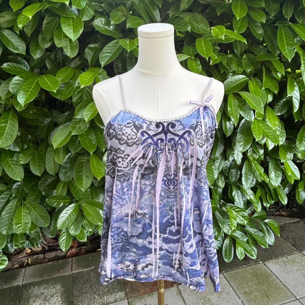 y2k sleep cami Purple Blue Lace‎ Trim Bow tank top